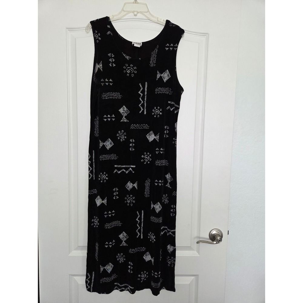 R & M Richards Midi Dress Sleeveless Black White‎ Print Sz 16 Travel Vacation